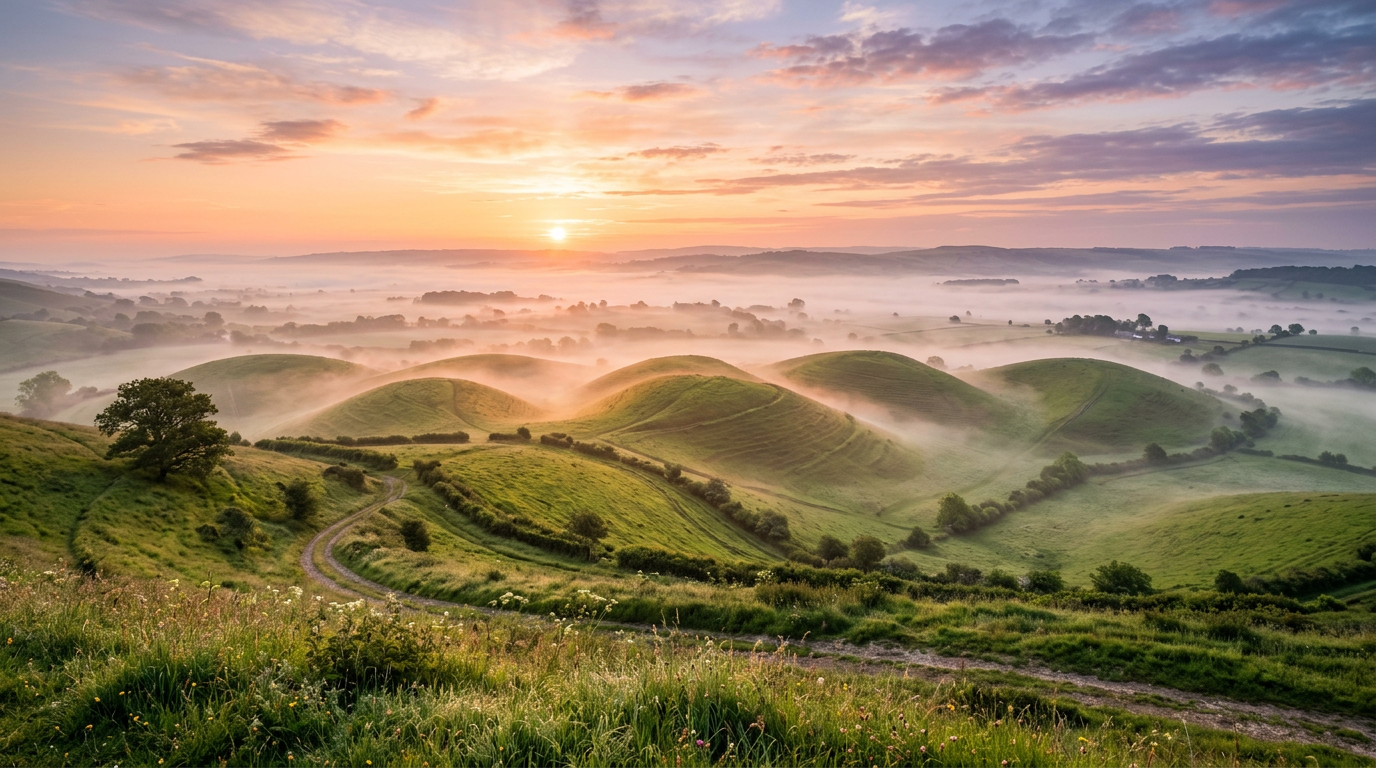 Green rolling hills with morning mist and a rising sun